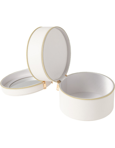 Boîte rangement maquillage ronde 2 niveaux en Simili Blanc Miroir Chérie - 3