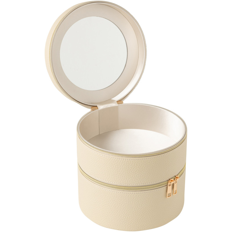 Boîte rangement maquillage ronde 2 niveaux en Simili Beige Miroir Chérie - 2