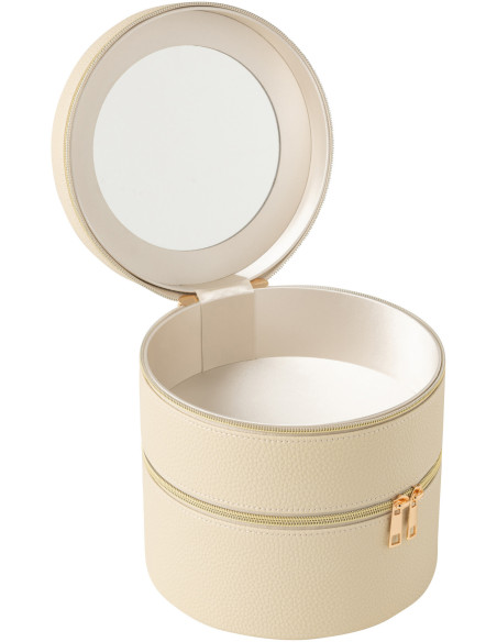 Boîte rangement maquillage ronde 2 niveaux en Simili Beige Miroir Chérie - 2