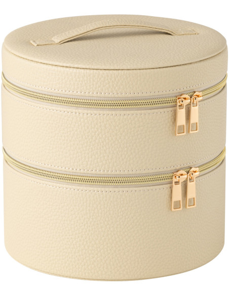 Boîte rangement maquillage ronde 2 niveaux en Simili Beige Miroir Chérie - 1
