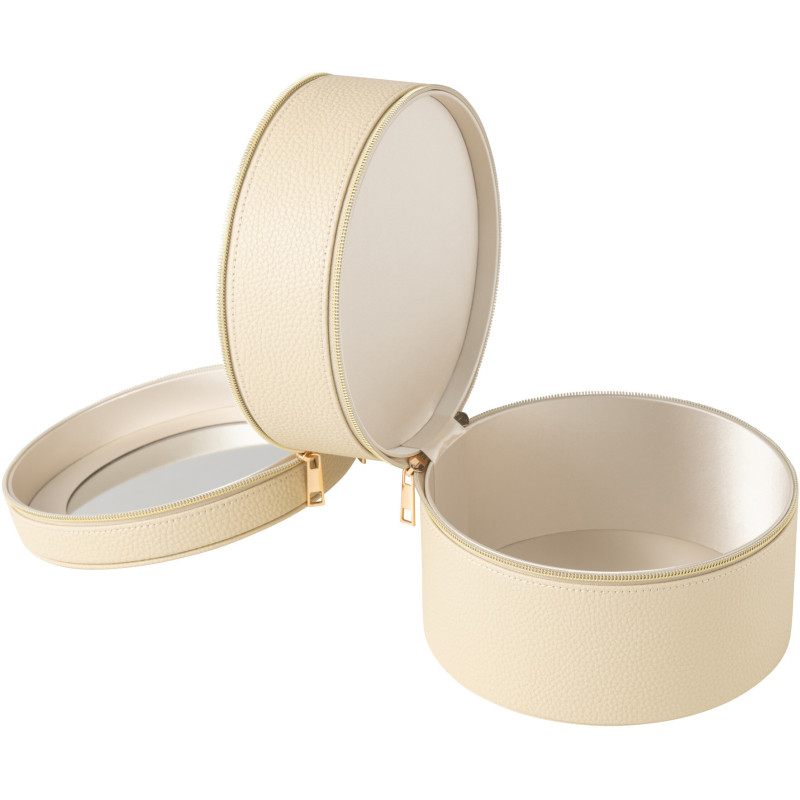 Boîte rangement maquillage ronde 2 niveaux en Simili Beige Miroir Chérie - 3