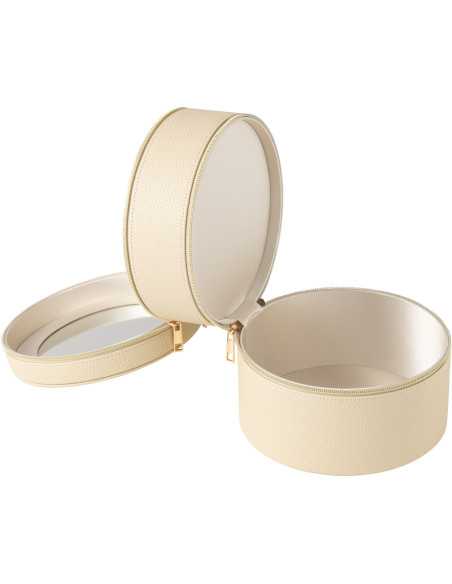 Boîte rangement maquillage ronde 2 niveaux en Simili Beige Miroir Chérie - 3