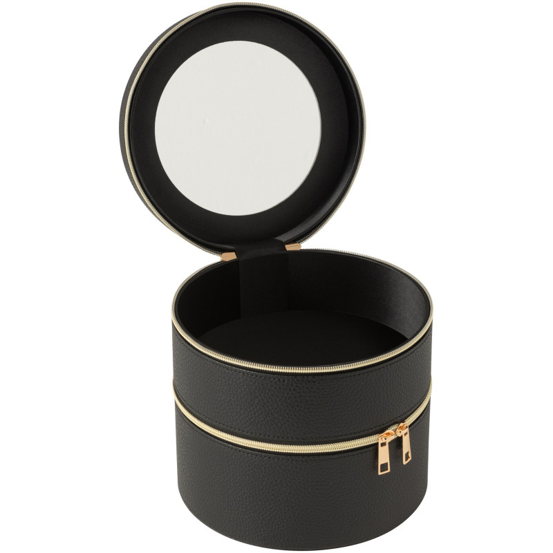 Boîte rangement maquillage ronde 2 niveaux en Simili Noir Miroir Chérie - 2