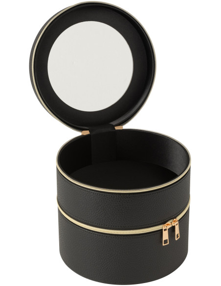 Boîte rangement maquillage ronde 2 niveaux en Simili Noir Miroir Chérie - 2