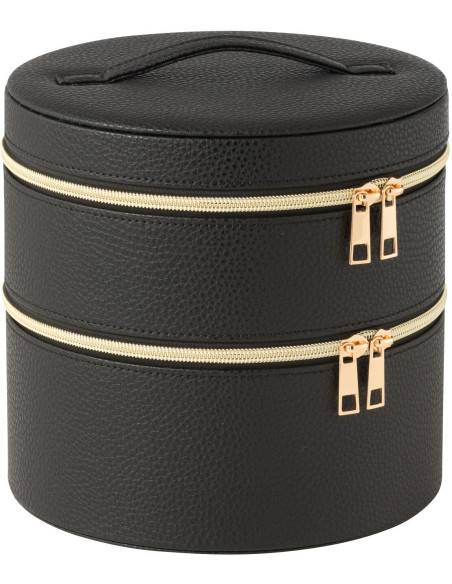 Boîte rangement maquillage ronde 2 niveaux en Simili Noir Miroir Chérie - 1