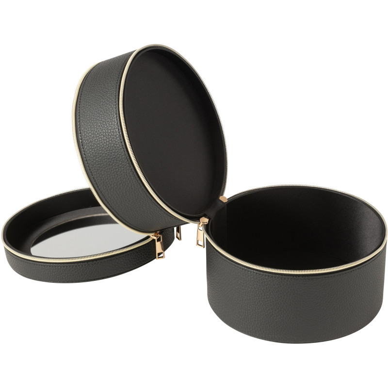 Boîte rangement maquillage ronde 2 niveaux en Simili Noir Miroir Chérie - 3
