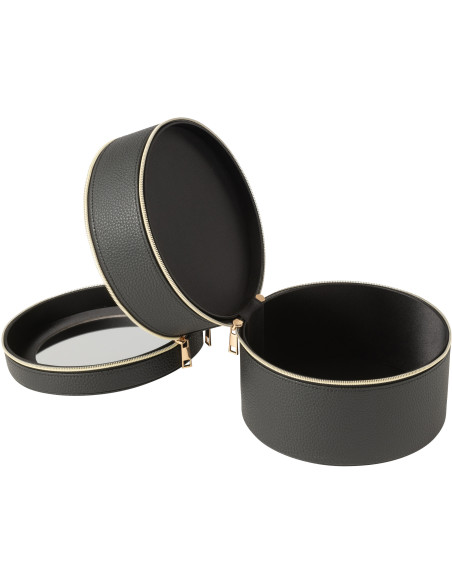 Boîte rangement maquillage ronde 2 niveaux en Simili Noir Miroir Chérie - 3