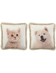 Coussin original Chien & Chat Carré 45X45 en Tissu Blanc Beige Effet fourrure Lenvir (Lot de 2) - 1