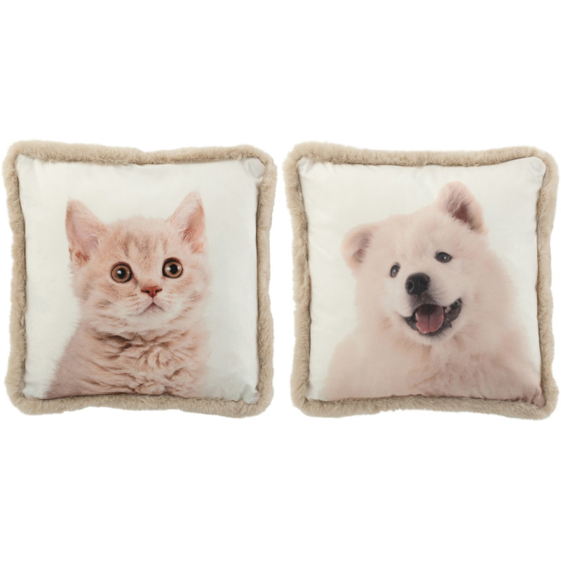 Coussin original Chien & Chat Carré 45X45 en Tissu Blanc Beige Effet fourrure Lenvir (Lot de 2) - 1