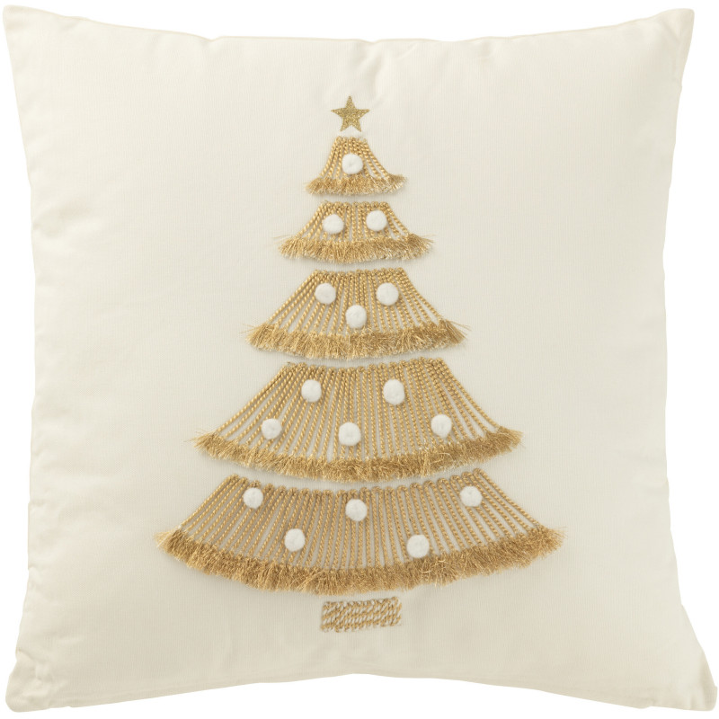 Coussin original Carré 45x45 en Coton Blanc Doré Avec pompons Motif Sapin de Noël Joryn - 1