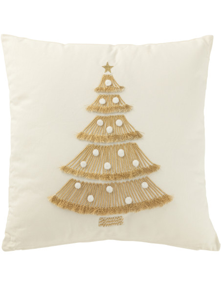 Coussin original Carré 45x45 en Coton Blanc Doré Avec pompons Motif Sapin de Noël Joryn - 1