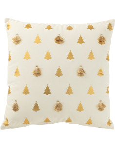 Coussin original Carré 45x45 en Coton Blanc Doré Avec pompons Motif Sapin de Noël Zelar - 1