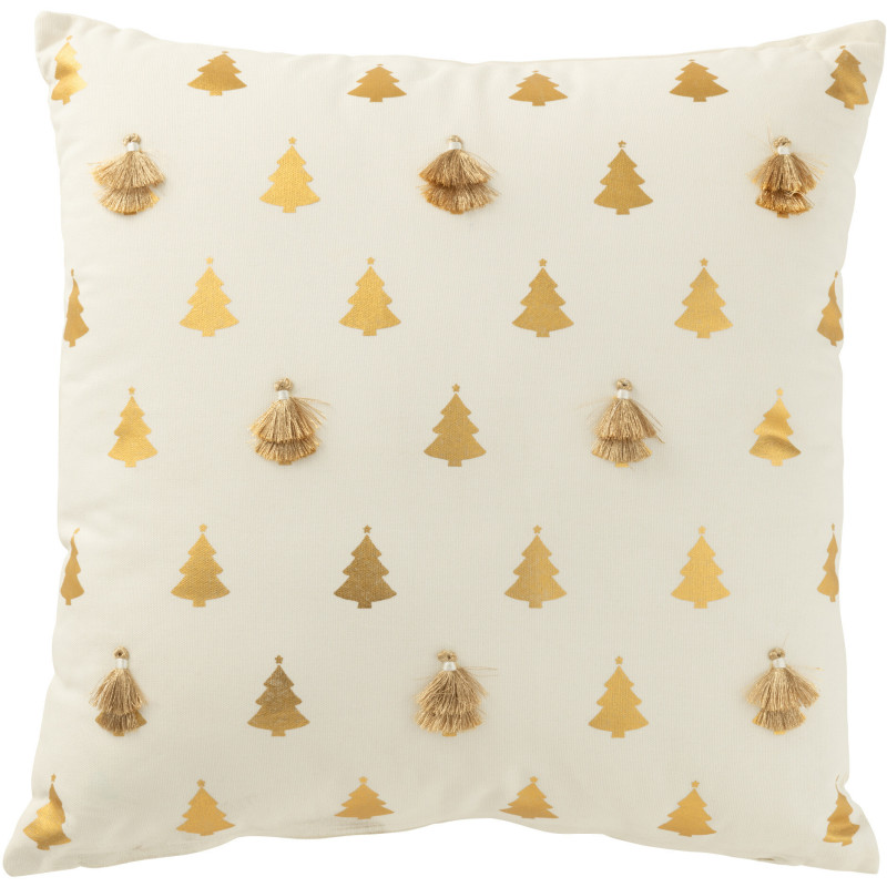 Coussin original Carré 45x45 en Coton Blanc Doré Avec pompons Motif Sapin de Noël Zelar - 1