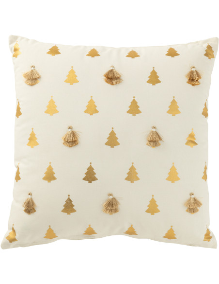 Coussin original Carré 45x45 en Coton Blanc Doré Avec pompons Motif Sapin de Noël Zelar - 1