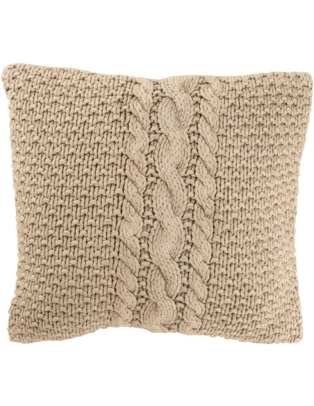Coussin XL style vintage Carré 50x50 en Coton Beige Délavé Motif tricot & tressage Nyxari - 1