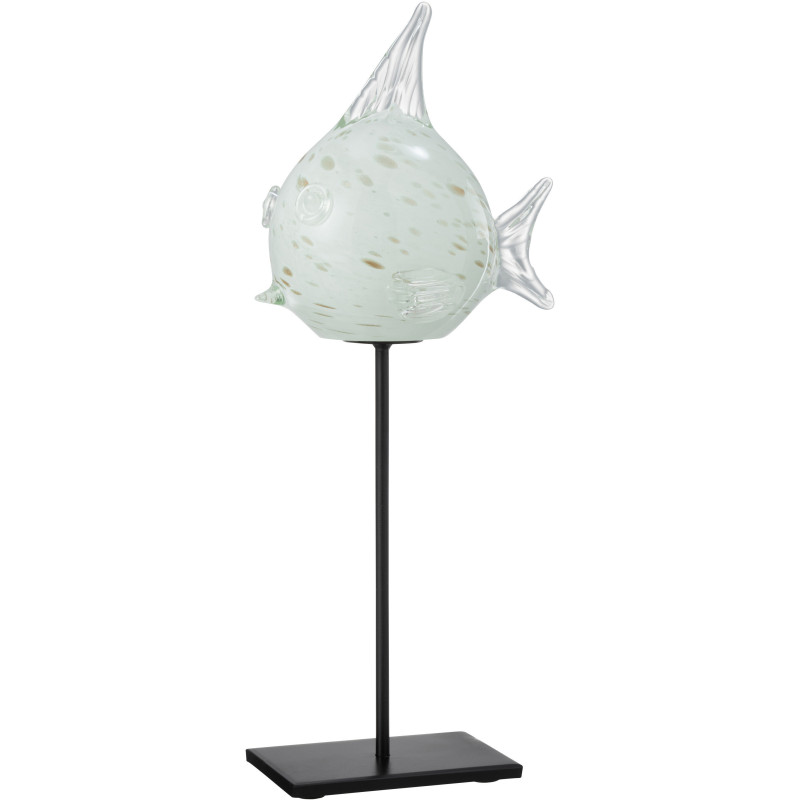 Statue déco XL Poisson Bloat en Verre Blanc Métal Noir Sur socle - 1