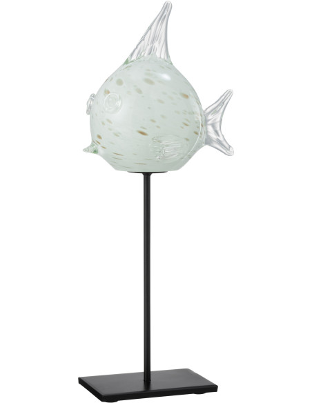 Statue déco XL Poisson Bloat en Verre Blanc Métal Noir Sur socle - 1