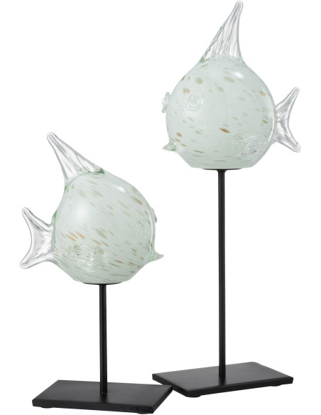 Statue déco XL Poisson Bloat en Verre Blanc Métal Noir Sur socle - 2