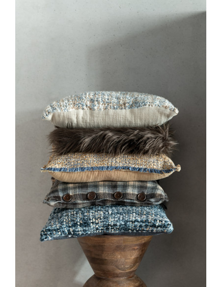 Coussin moderne Carré 45x45 en Coton Tissu Marron clair Bleu Effiloché Xelthyn - 2