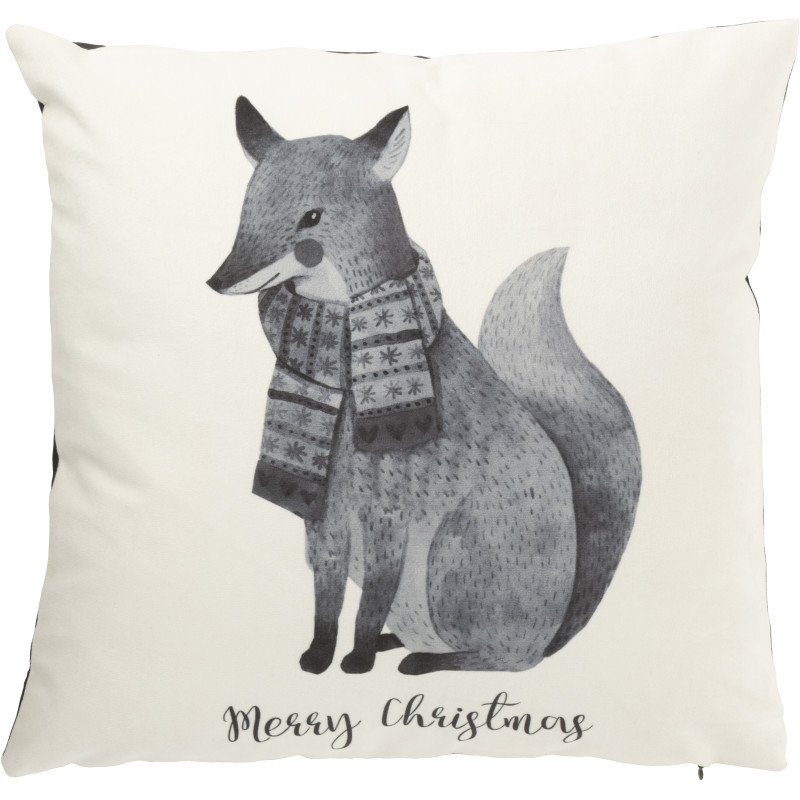 Coussin original Renard Carré 45x45 en Velours Blanc Noir Merry Christmas - 1