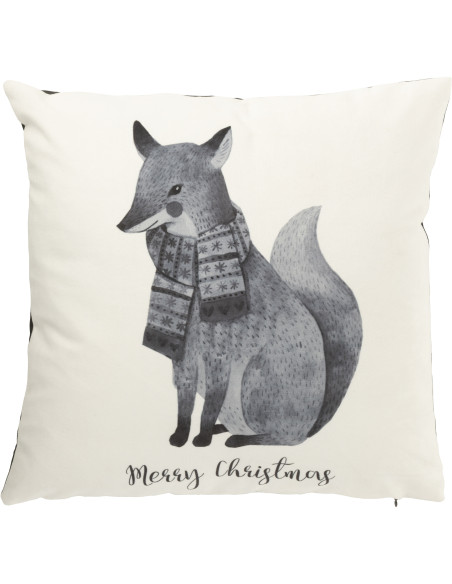 Coussin original Renard Carré 45x45 en Velours Blanc Noir Merry Christmas - 1