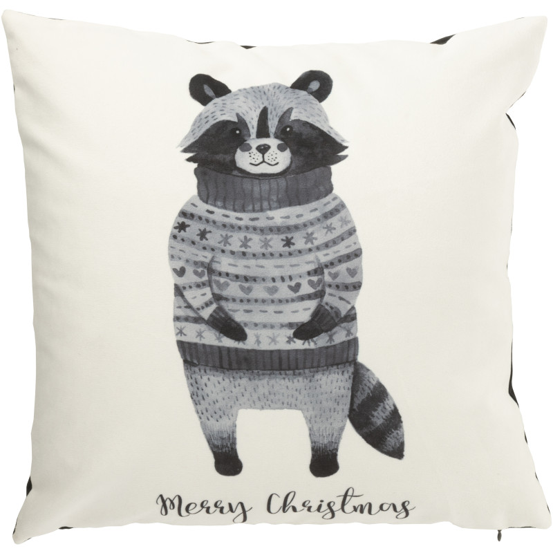 Coussin original Raton laveur Carré 45x45 en Velours Blanc Noir Merry Christmas - 1