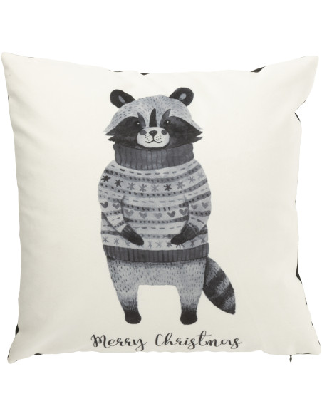 Coussin original Raton laveur Carré 45x45 en Velours Blanc Noir Merry Christmas - 1