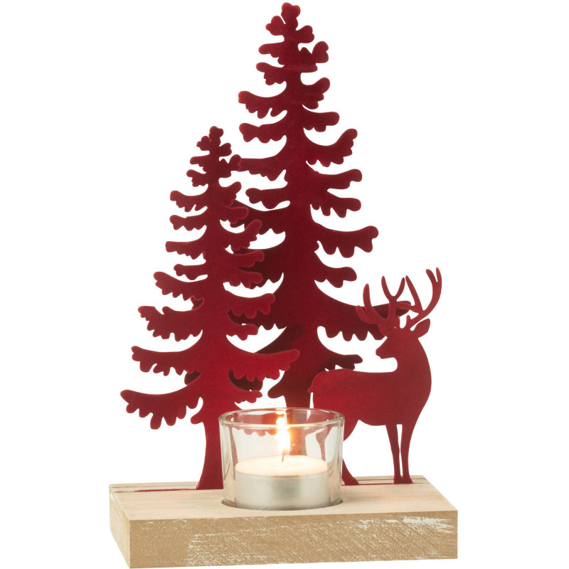 Photophore de noël 1 bougie Cerf et Sapins Hauteur 22 cm en Métal Rouge Bois Naturel Bellona - 1