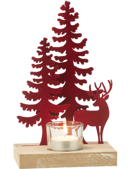 Photophore de noël 1 bougie Cerf et Sapins Hauteur 22 cm en Métal Rouge Bois Naturel Bellona - 1