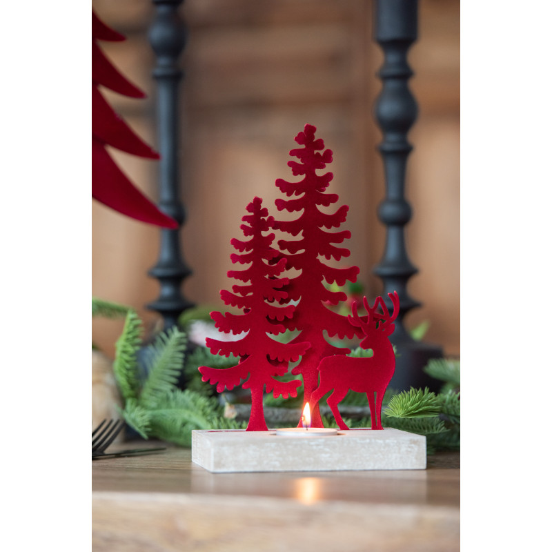 Photophore de noël 1 bougie Cerf et Sapins Hauteur 22 cm en Métal Rouge Bois Naturel Bellona - 2