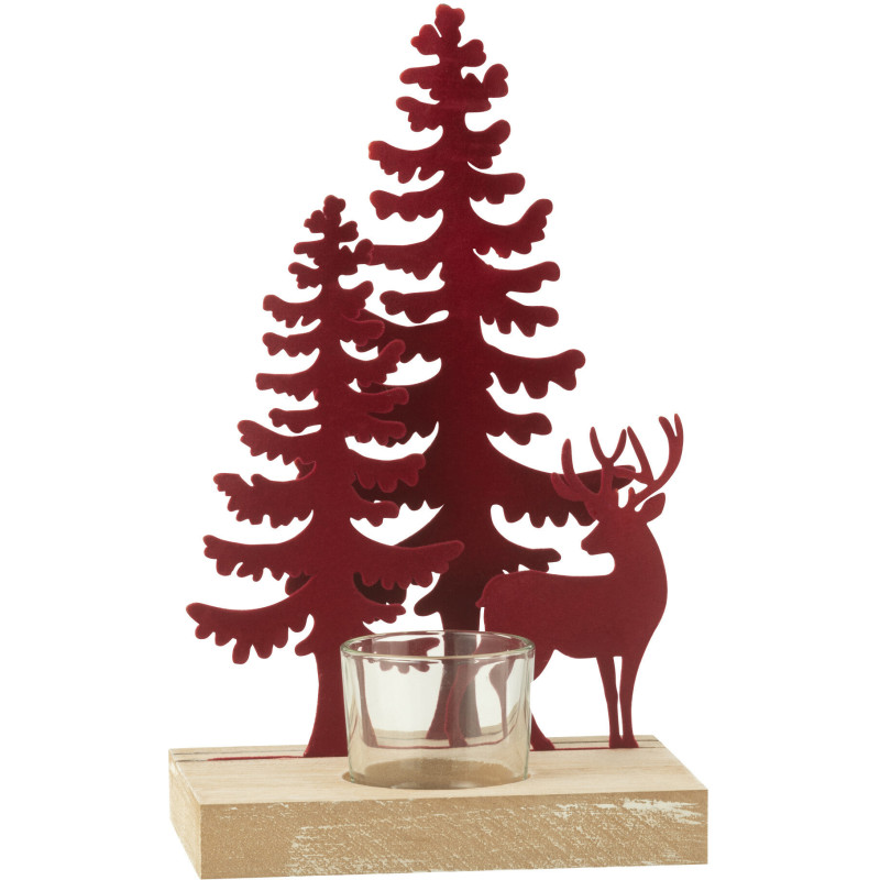 Photophore de noël 1 bougie Cerf et Sapins Hauteur 22 cm en Métal Rouge Bois Naturel Bellona - 3