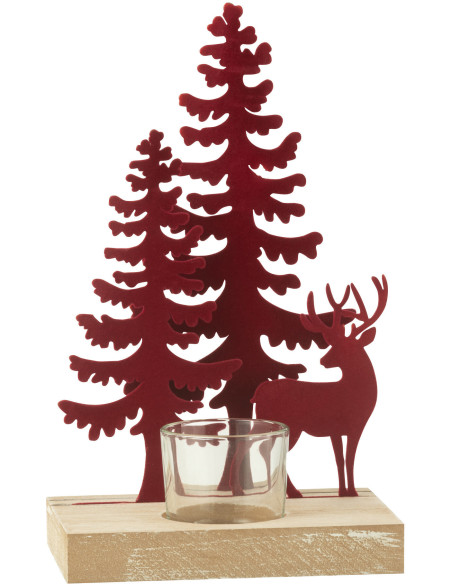Photophore de noël 1 bougie Cerf et Sapins Hauteur 22 cm en Métal Rouge Bois Naturel Bellona - 3