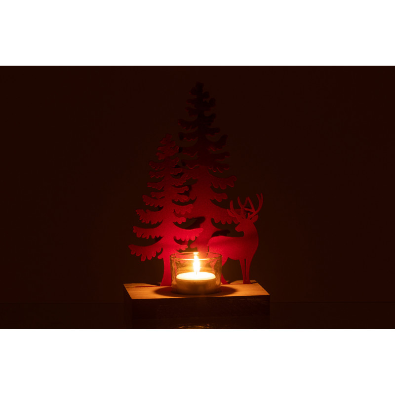 Photophore de noël 1 bougie Cerf et Sapins Hauteur 22 cm en Métal Rouge Bois Naturel Bellona - 4