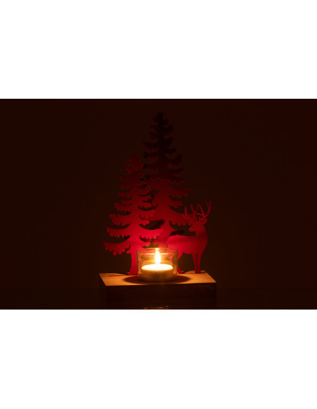 Photophore de noël 1 bougie Cerf et Sapins Hauteur 22 cm en Métal Rouge Bois Naturel Bellona - 4