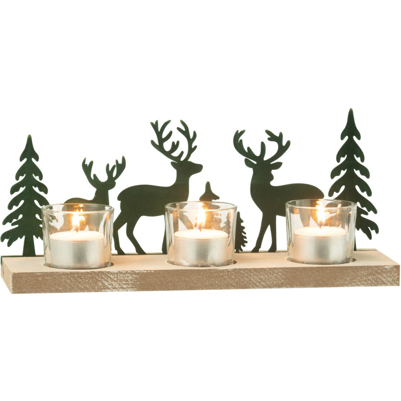 Photophore de noël 3 bougies Cerfs et Sapins 28 cm en Métal Vert foncé Bois Naturel Bellona - 1