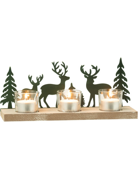 Photophore de noël 3 bougies Cerfs et Sapins 28 cm en Métal Vert foncé Bois Naturel Bellona - 1
