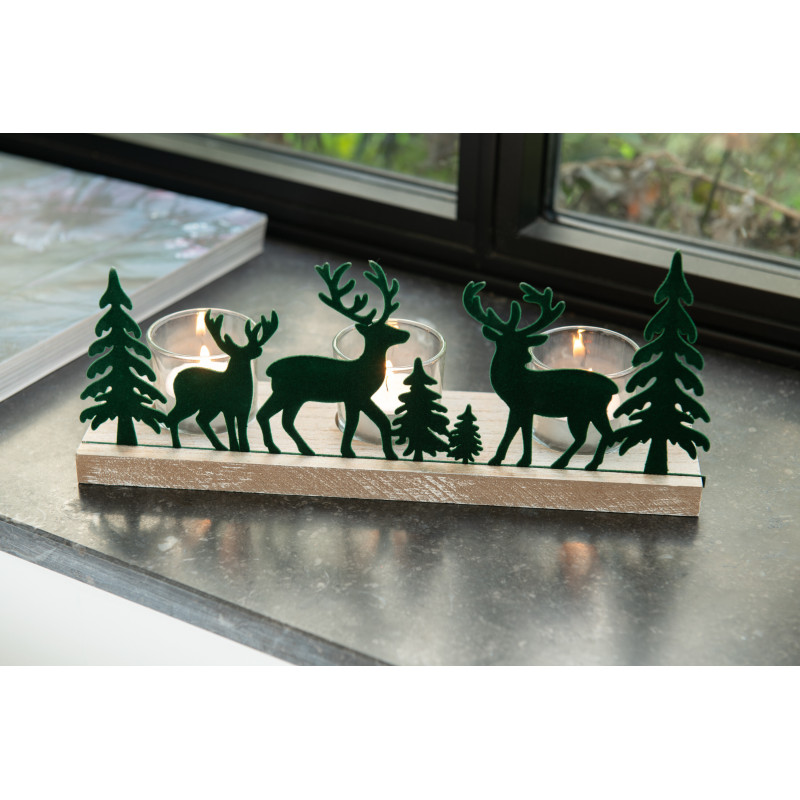 Photophore de noël 3 bougies Cerfs et Sapins 28 cm en Métal Vert foncé Bois Naturel Bellona - 2
