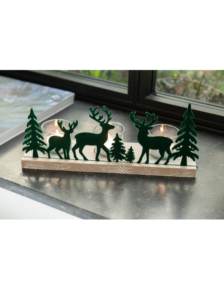 Photophore de noël 3 bougies Cerfs et Sapins 28 cm en Métal Vert foncé Bois Naturel Bellona - 2