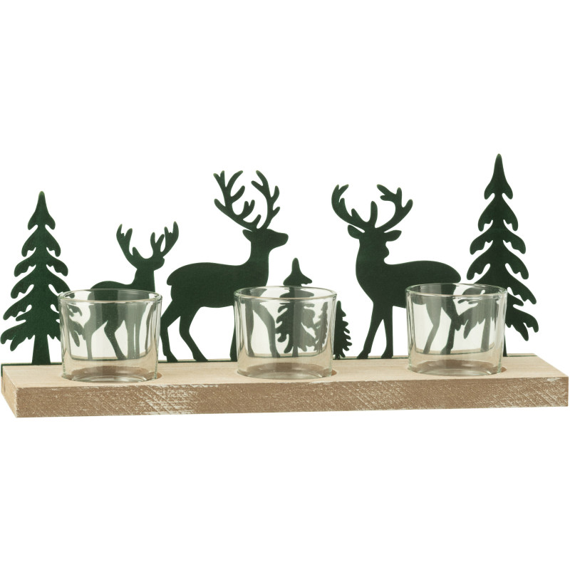 Photophore de noël 3 bougies Cerfs et Sapins 28 cm en Métal Vert foncé Bois Naturel Bellona - 3