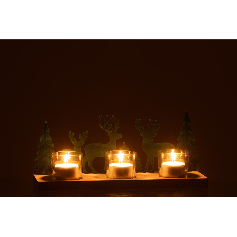 Photophore de noël 3 bougies Cerfs et Sapins 28 cm en Métal Vert foncé Bois Naturel Bellona - 4