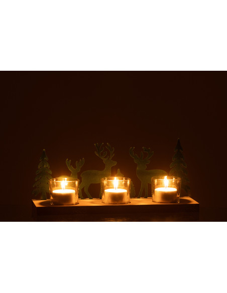 Photophore de noël 3 bougies Cerfs et Sapins 28 cm en Métal Vert foncé Bois Naturel Bellona - 4