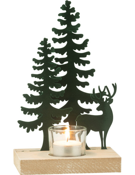 Photophore de noël 1 bougie Cerf et Sapins Hauteur 22 cm en Métal Vert foncé Bois Naturel Bellona - 1
