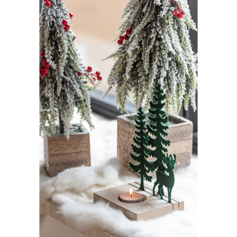 Photophore de noël 1 bougie Cerf et Sapins Hauteur 22 cm en Métal Vert foncé Bois Naturel Bellona - 2