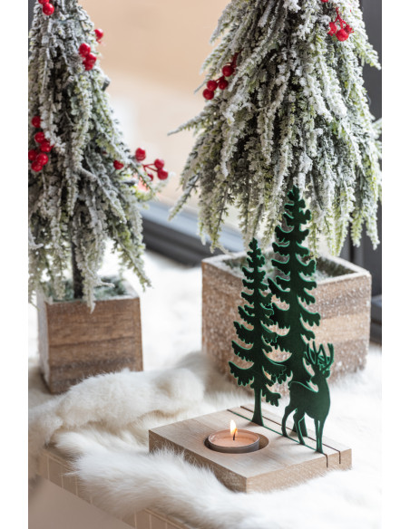 Photophore de noël 1 bougie Cerf et Sapins Hauteur 22 cm en Métal Vert foncé Bois Naturel Bellona - 2