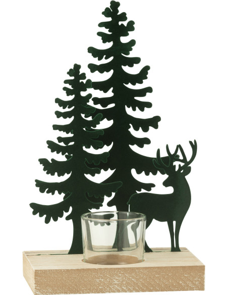 Photophore de noël 1 bougie Cerf et Sapins Hauteur 22 cm en Métal Vert foncé Bois Naturel Bellona - 3