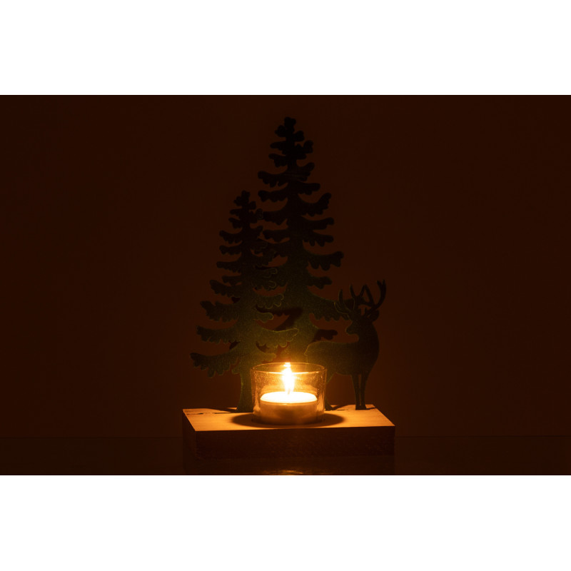 Photophore de noël 1 bougie Cerf et Sapins Hauteur 22 cm en Métal Vert foncé Bois Naturel Bellona - 4