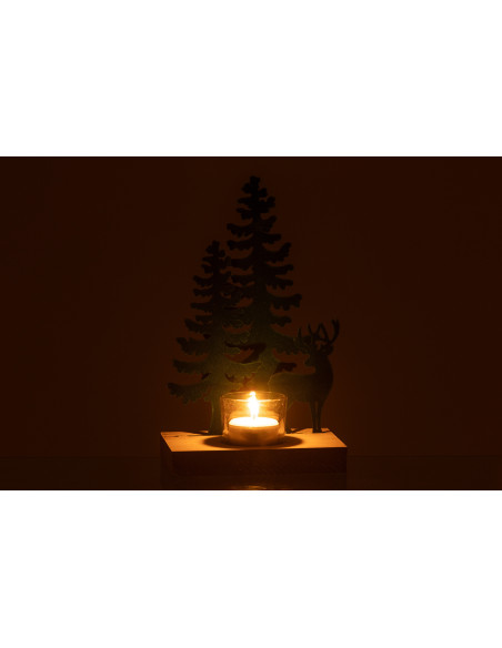 Photophore de noël 1 bougie Cerf et Sapins Hauteur 22 cm en Métal Vert foncé Bois Naturel Bellona - 4