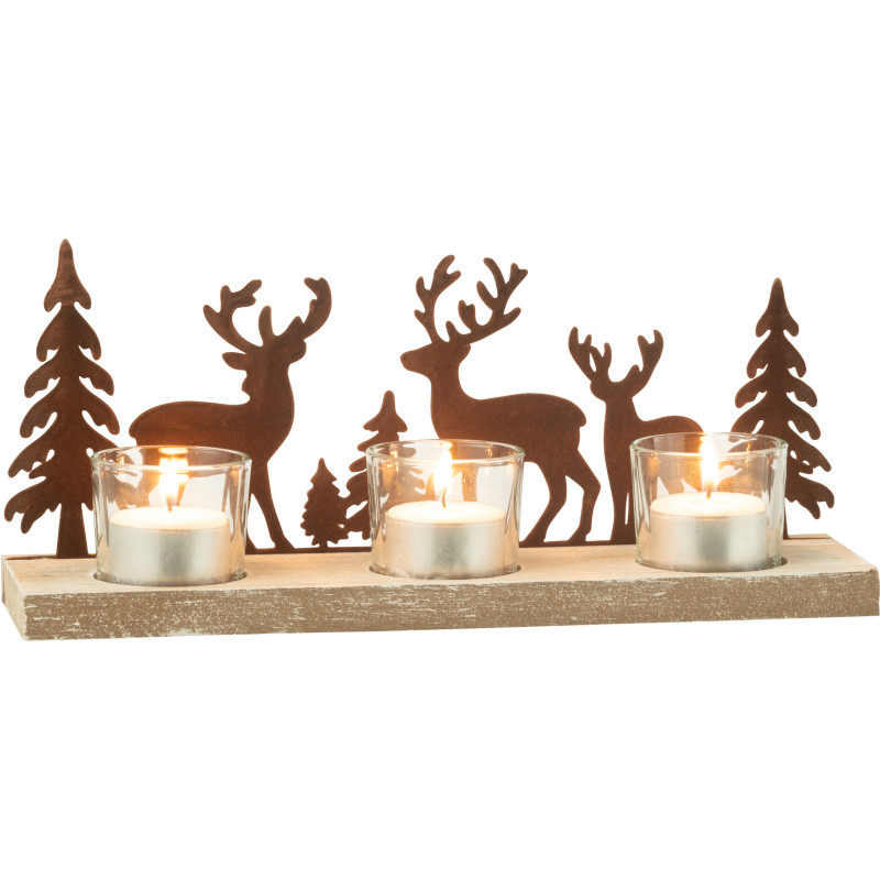 Photophore de noël 3 bougies Cerfs et Sapins 28 cm en Métal Marron Bois Naturel Bellona - 1