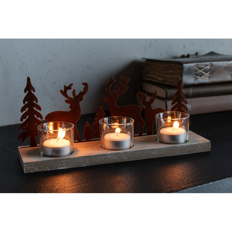 Photophore de noël 3 bougies Cerfs et Sapins 28 cm en Métal Marron Bois Naturel Bellona - 2