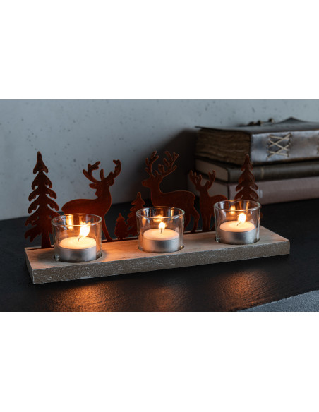 Photophore de noël 3 bougies Cerfs et Sapins 28 cm en Métal Marron Bois Naturel Bellona - 2